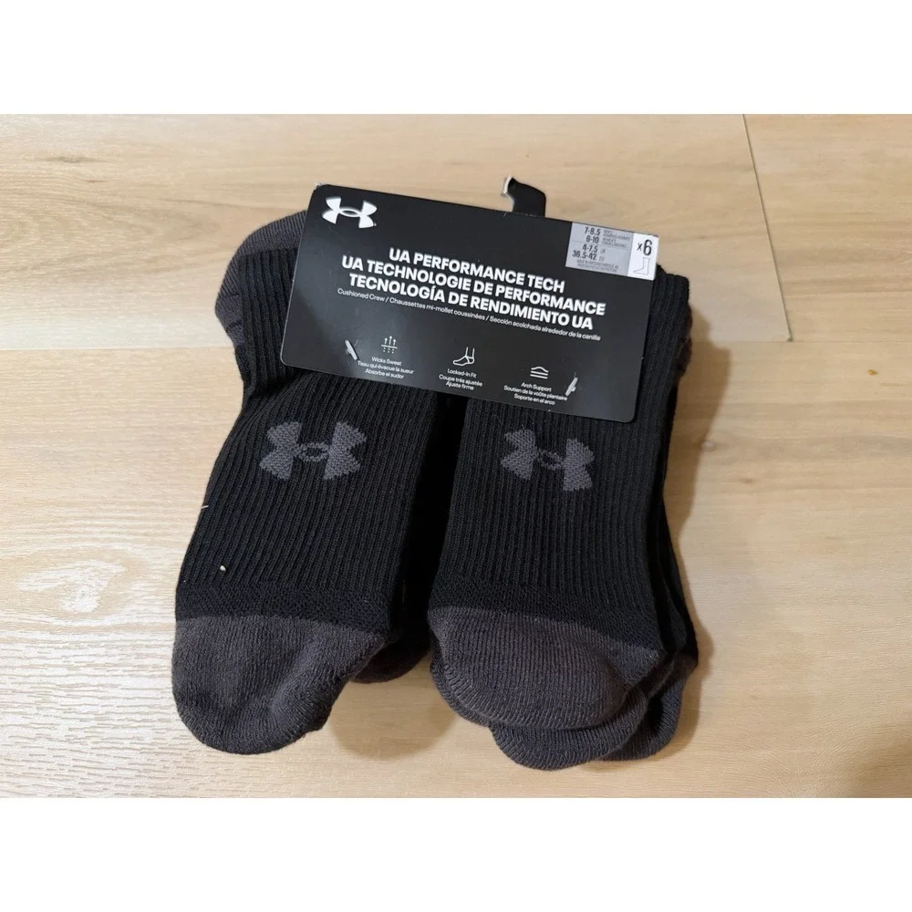Under Armour Performance Tech Cushioned Crew Black Socks, 5 Pairs Mens 7-8.5